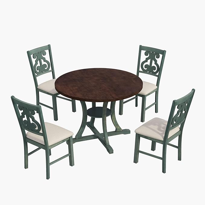 5-Piece Round Wood Dining Table and 4 Chairs Set with Special-shaped Legs and an Exquisitely Designed Retro Hollow Back, 42" L x 42" W x 30" H, Antique Blue + Dark Brown 2 - LeafyLoom