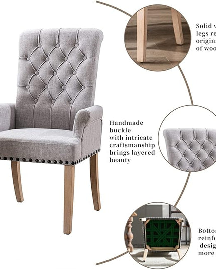Dining Room Chairs with Arms,Tufted Upholstered High Back Nailed Trim with Untique Oak Wood Legs for Kitchen Restaurant Room Bedroom,Smoke Grey - LeafyLoom