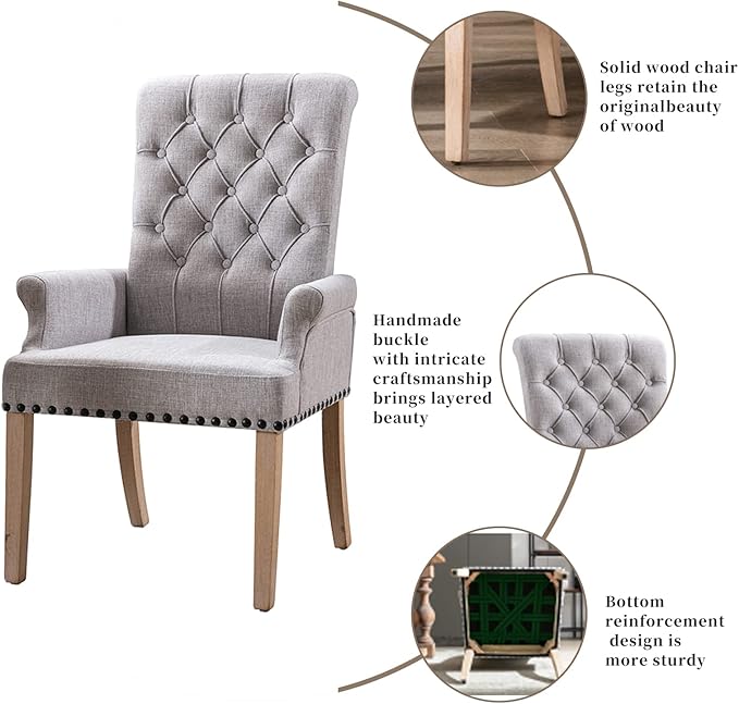 Dining Room Chairs with Arms,Tufted Upholstered High Back Nailed Trim with Untique Oak Wood Legs for Kitchen Restaurant Room Bedroom,Smoke Grey - LeafyLoom