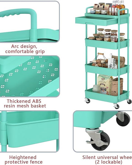 4-Tier Rolling Cart，Trolley with Drawer, Kitchen Storage Organizer with Plastic Shelf & Metal Wheels, Storage Cart for Living Room, Kitchen, Office, Bathroom, Green - LeafyLoom
