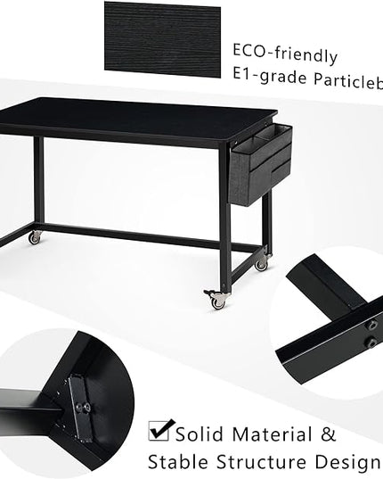 AHB 55" Rolling Computer Desk with 4 Smooth Wheels, Simple Style Mobile Writing Desk Home Office Study Table Movable Workstation with Metal Frame - LeafyLoom