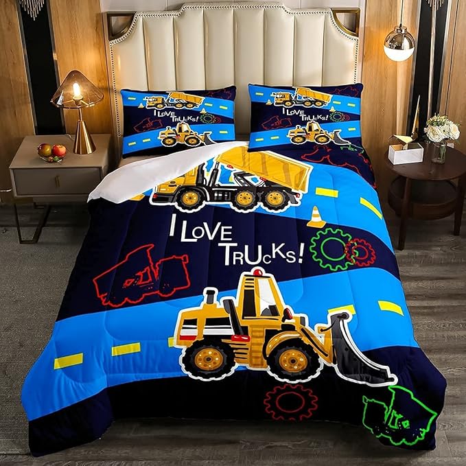 Truck Comforter Set Boys King Bedding Sets Kids Excavator Equipment Truck Down Comforter Construction Vehicle Quilt Duvet Set Cartoon Machinery Truck Gear Duvet Set Bulldozer Tractor Cars,Colorful - LeafyLoom