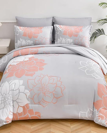 Floral Comforter Set King 7 Piece Bed in a Bag Coral Flower Comforter with Sheet Set Soft Micorfiber Bedding Set (1 Comforter,2 Pillow Shams,1 Flat Sheet,1 Fitted Sheet,2 Pillowcases) - LeafyLoom