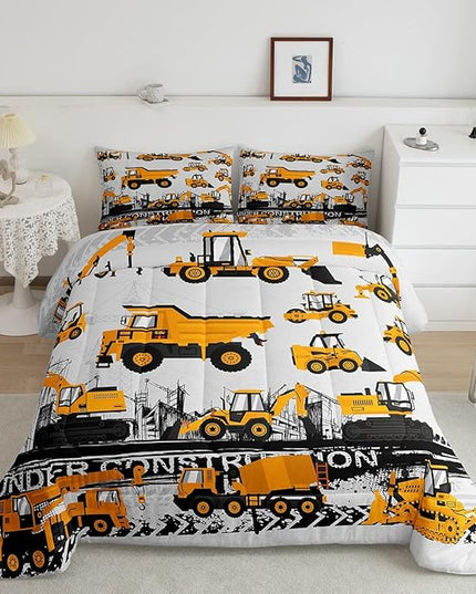 Under Construction Comforter Set Vehicles Truck Car Bedding Set for Kids Boys Girls Children Cartoon Excavator Comforter Room Decor Machinery Bulldozer Crane Duvet Set Full Size - LeafyLoom