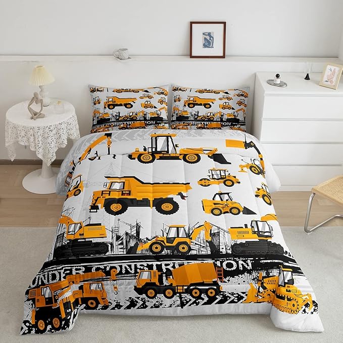 Under Construction Comforter Set Vehicles Truck Car Bedding Set for Kids Boys Girls Children Cartoon Excavator Comforter Room Decor Machinery Bulldozer Crane Duvet Set Full Size - LeafyLoom