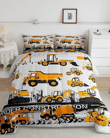 Feelyou Under Construction Comforter Set Vehicles Truck Car Bedding Set for Kids Boys Girls Children Cartoon Excavator Comforter Room Decor Machinery Bulldozer Crane Duvet Set Twin Size - LeafyLoom