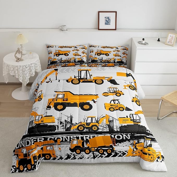 Feelyou Under Construction Comforter Set Vehicles Truck Car Bedding Set for Kids Boys Girls Children Cartoon Excavator Comforter Room Decor Machinery Bulldozer Crane Duvet Set Twin Size - LeafyLoom