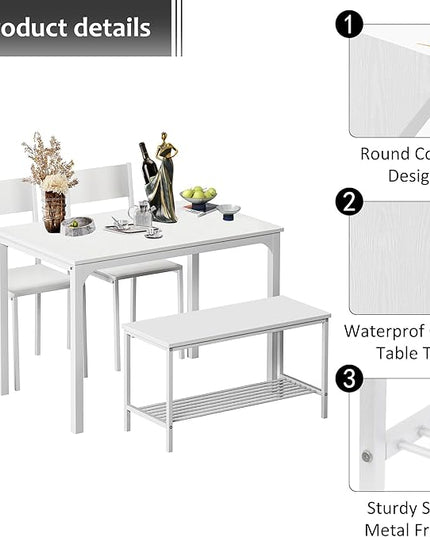 SogesHome 43.3'' Kitchen Dining Table Set for 4, 4 Piece Kitchen Table Bench Chairs Setfor 4, Space-Saving Table Set for Restaurant, Coffee Shop,White - LeafyLoom