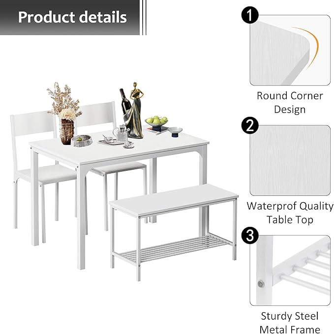 SogesHome 43.3'' Kitchen Dining Table Set for 4, 4 Piece Kitchen Table Bench Chairs Setfor 4, Space-Saving Table Set for Restaurant, Coffee Shop,White - LeafyLoom