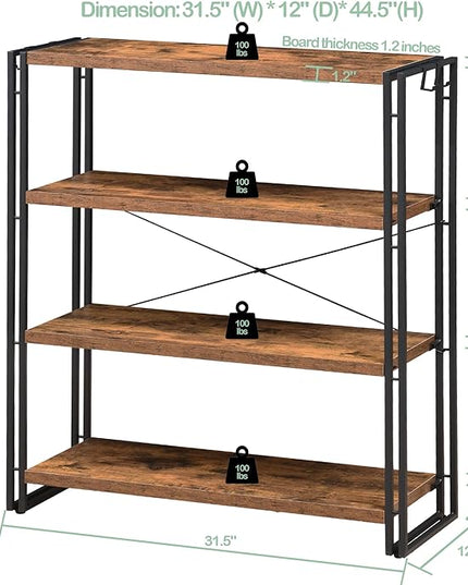 HCHQHS Bookshelf, 4-Tier Industrial Bookcase, Rustic Open Book Shelf, Freestanding Tall Bookshelves with Metal Frame - LeafyLoom
