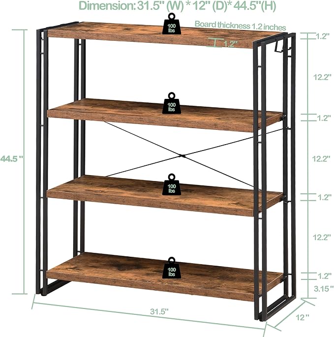 HCHQHS Bookshelf, 4-Tier Industrial Bookcase, Rustic Open Book Shelf, Freestanding Tall Bookshelves with Metal Frame - LeafyLoom