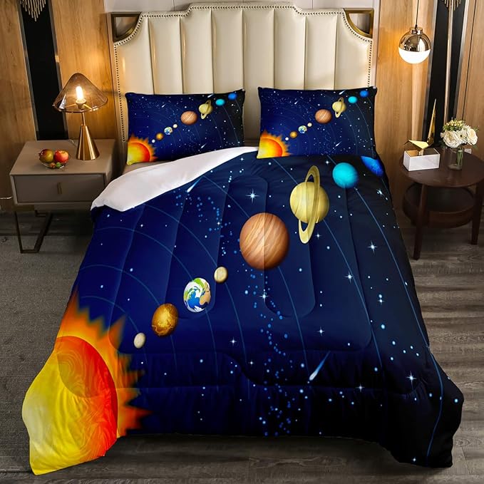 Erosebridal Solar System Comforter Set Twin Outer Space Bedding Set for Kids Boys Teens Universe Planets Down Comforter Galaxy Nebula Starry Sky Cosmos Quilted Duvet, Blue Purple - LeafyLoom