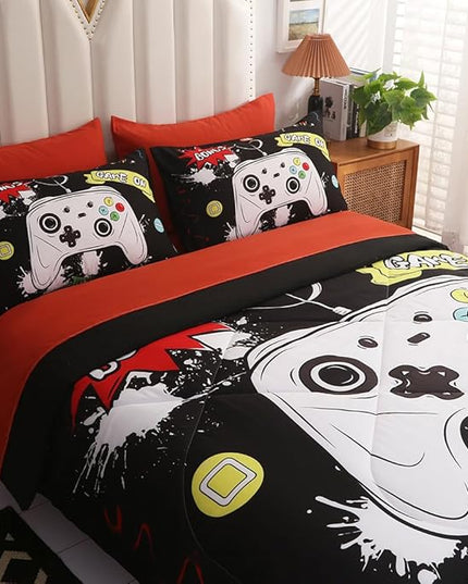 Wajade Kids Game Comforter Set Bed in A Bag Twin Size 7 Piece 3D Colorful Video Game Controller Bedding Set for Boys Girls (1 Comforter, 1 Flat Sheet, 1 Fitted Sheet, 2 Pillowcase and 2 Pillow Sham) - LeafyLoom