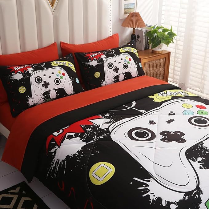 Wajade Kids Game Comforter Set Bed in A Bag Twin Size 7 Piece 3D Colorful Video Game Controller Bedding Set for Boys Girls (1 Comforter, 1 Flat Sheet, 1 Fitted Sheet, 2 Pillowcase and 2 Pillow Sham) - LeafyLoom