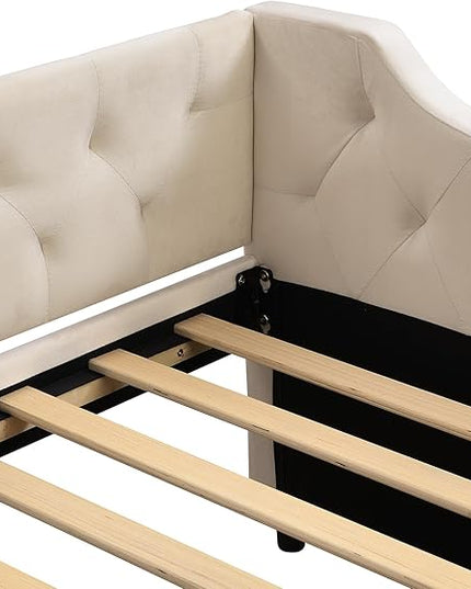 Full Size Velvet Upholstered Tufted Daybed with 2 Drawers,Modern Wood Bed Frame w/Armrests,Slat Support,No Box Spring Needed,Daybeds for Apartment,Bedroom,Guest Room,Beige - LeafyLoom