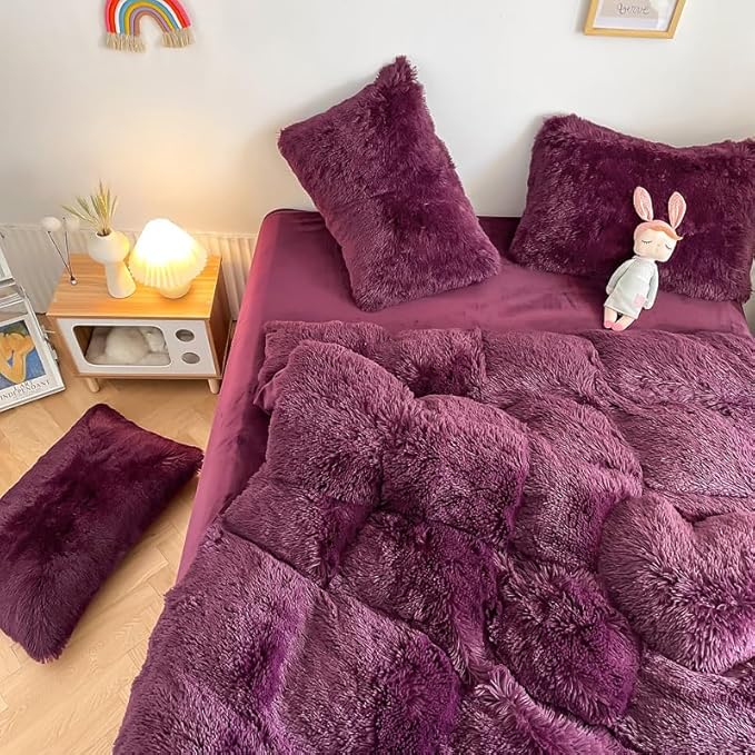 Faux Fur Kids Girls Grape Purple Comforter Sets Twin/Full - 3PC Bed Set Warm Comfortable Soft Plush Flannel Velvet Fluffy Fuzzy Bedding（Comforter x 1 Pillowcases x 2） - LeafyLoom