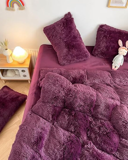 Faux Fur Kids Girls Grape Purple Comforter Sets King - 3PC Bed Set Warm Comfortable Soft Plush Flannel Velvet Fluffy Fuzzy Bedding（Comforter x 1 Pillowcases x 2） - LeafyLoom