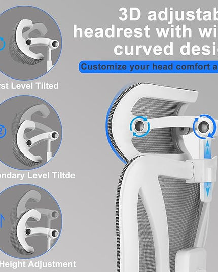 C19 Ergonomic Mesh Office Chair with Adjustable Height Lumbar Support，3D Armrest & Headrest，Tilt Function，Blade Wheel for High Back Desk Chair，Swivel Big and Tall Computer Chair (White) - LeafyLoom