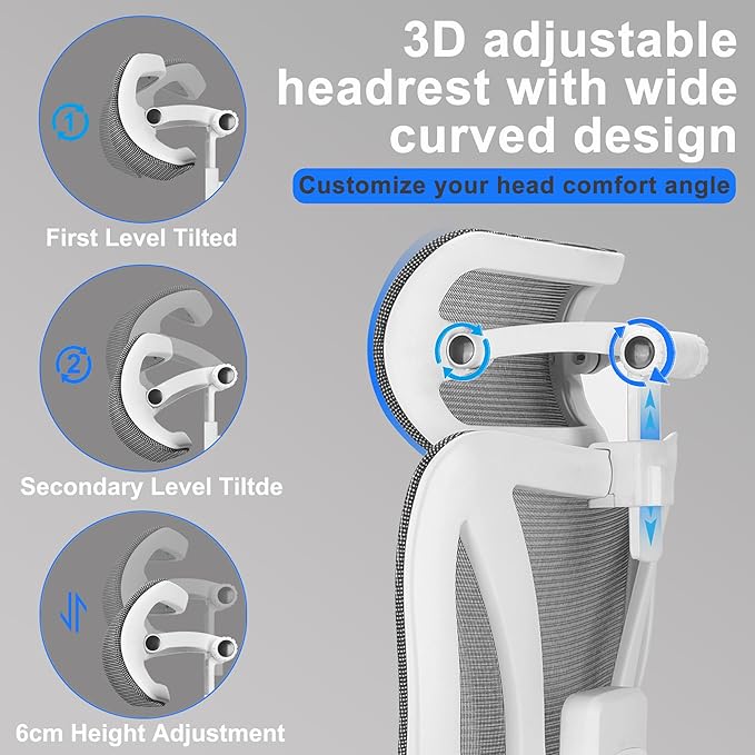 C19 Ergonomic Mesh Office Chair with Adjustable Height Lumbar Support，3D Armrest & Headrest，Tilt Function，Blade Wheel for High Back Desk Chair，Swivel Big and Tall Computer Chair (White) - LeafyLoom