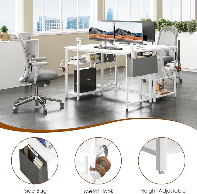 Computer Desk, 47.2” Home Office Desks, Modern Small Desk for Bedroom, Gaming Desk with Iron Hook and Height Adjustable Feet, Sturdy Student Writing Desk with Storage Bag, Storage Shelves - LeafyLoom
