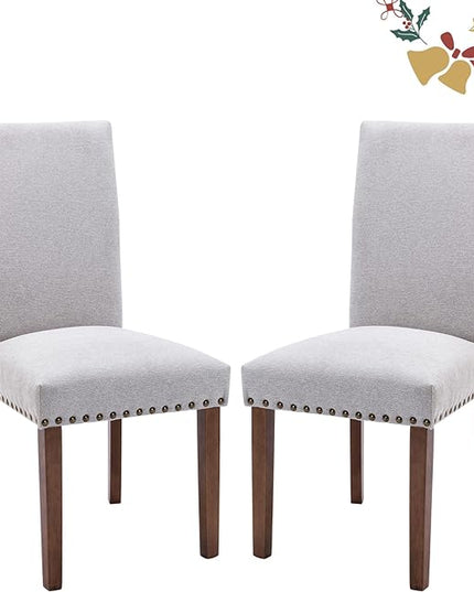 Parsons Dining Chairs Set of 2, Upholstered Nailhead Dining Room Kitchen Side Chair with Thick Cushions and Wood Legs, Light Grey - LeafyLoom