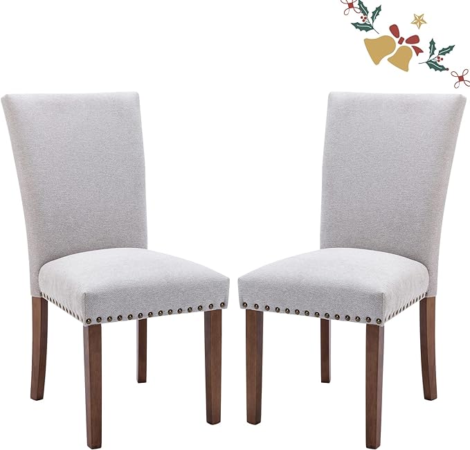 Parsons Dining Chairs Set of 2, Upholstered Nailhead Dining Room Kitchen Side Chair with Thick Cushions and Wood Legs, Light Grey - LeafyLoom