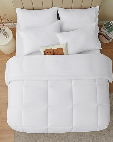 CozyLux Queen Comforter Set - 7 Pieces Bed in a Bag Set White, Bedding Sets Queen with All Season Quilted Comforter, Flat Sheet, Fitted Sheet, Pillowcases, White, Queen - LeafyLoom