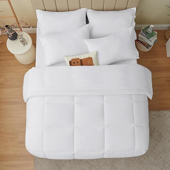 CozyLux Queen Comforter Set - 7 Pieces Bed in a Bag Set White, Bedding Sets Queen with All Season Quilted Comforter, Flat Sheet, Fitted Sheet, Pillowcases, White, Queen - LeafyLoom