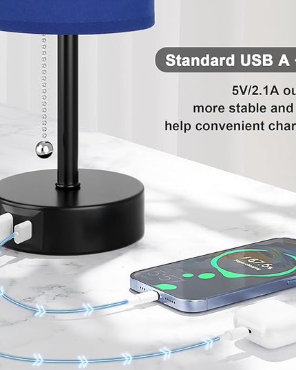 Blue Table Bedside Lamp for Bedroom Nightstand - Small Lamp with USB A + C Charging Port, 3 Color Temperatures Pull Chain Night Stand Light with Bulb, Side Table Desk Reading Lamp for Living Room - LeafyLoom