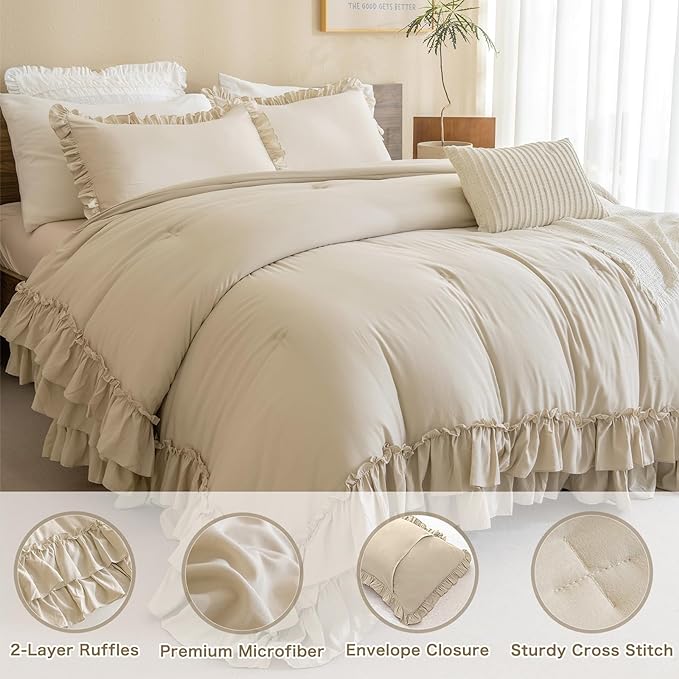 Ruffled Comforter Set Queen,3-Piece Farmhouse Shabby Boho Chic Bedding,Ultra Soft Fluffy Ruffle Bed Comforter Set (1 Wheat Comforter+2 Ruffle Pillow Shams) - LeafyLoom