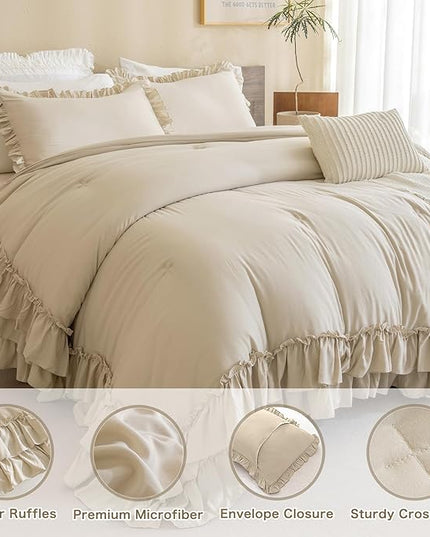 Farmhouse King Size Comforter Set,Shabby Boho Chic Bedding Ruffled King Bed Comforter Vintage Rustic French Country Bedding Sets 3 Pieces (1 Ruffle Comforter and 2 Pillowcases) - LeafyLoom