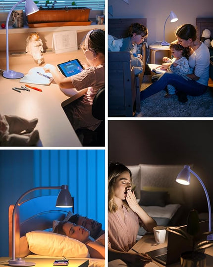 BOHON LED Desk Lamp with USB Charging Port, 3 Color Modes Fully Dimmable Reading Lamp, Auto Dimming Task Lamp, Flexible Gooseneck Table Light for Office Dorm Bedside, Adapter Include, Lilac Purple - LeafyLoom
