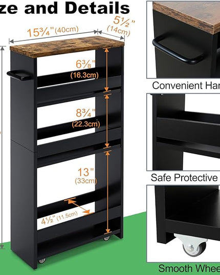 MARTY Rolling Storage Cart 4-Tier Black Kitchen Cart on Wheels, Slim Storage Cart with Handle Slide Out Utility Cart Shelving Unit Organizer Trolley for Laundry Narrow Places Bathroom Small Corner - LeafyLoom
