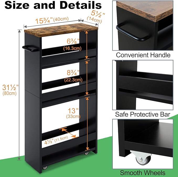 MARTY Rolling Storage Cart 4-Tier Black Kitchen Cart on Wheels, Slim Storage Cart with Handle Slide Out Utility Cart Shelving Unit Organizer Trolley for Laundry Narrow Places Bathroom Small Corner - LeafyLoom
