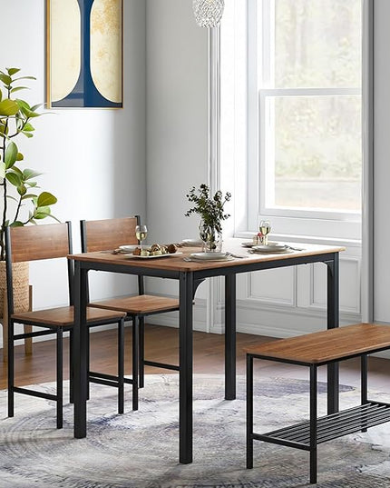 LDAILY Moccha Dining Table Set for 4, Wooden Kitchen Table with with 2 Chairs and a Long Bench, Modern 4-Piece Dinette with Metal Frame & Storage Rack, Space-Saving Table Set for Dining Room, Teak - LeafyLoom