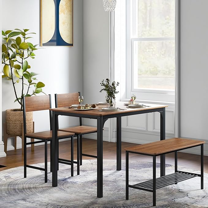 LDAILY Moccha Dining Table Set for 4, Wooden Kitchen Table with with 2 Chairs and a Long Bench, Modern 4-Piece Dinette with Metal Frame & Storage Rack, Space-Saving Table Set for Dining Room, Teak - LeafyLoom