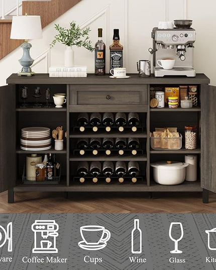 FATORRI Industrial Buffet Cabinet with Storage, Farmhouse Sideboard Cabinet with Wine Rack, Rustic Wood Coffee Bar Cabinet for Kitchen (55.12 Inch, Walnut Brown) - LeafyLoom