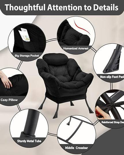 Lazy Chair Thick Padded, Accent Chair Velvet Upholstered with Wide Seat, Stable Metal Frame and Non-Slip Pad, Modern Sofa Armchair with Side Storage Bag for Dorm, Room, Office, Black - LeafyLoom