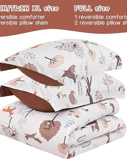 Kids Woodland Comforter Set for Boys Girls Twin Size, Cute Reversible Quilted Forest Animal Print Fall Bedding with Pillow Sham, Lightweight Soft Breathable Machine Camping Themed Bed Set 2 Piece - LeafyLoom