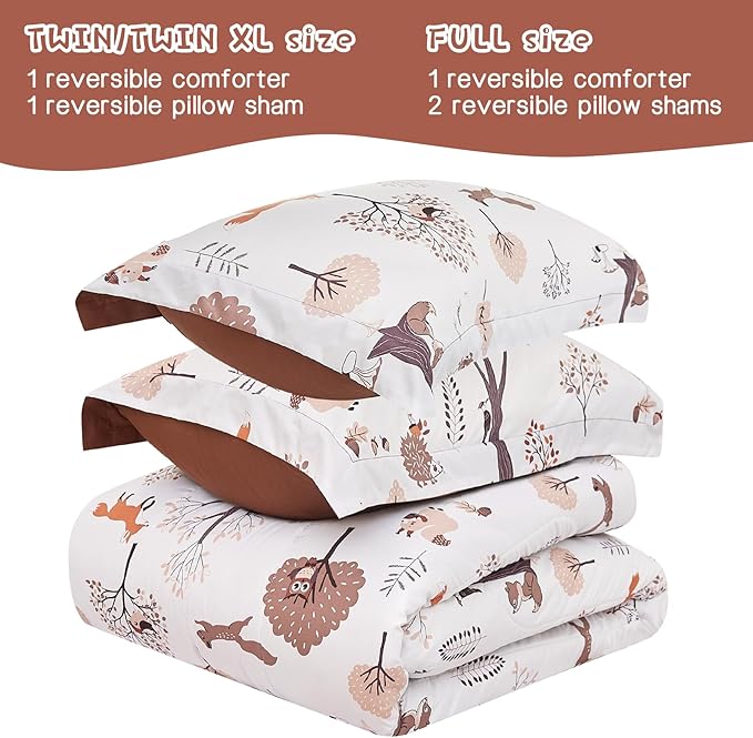 Kids Comforter Set for Boys Girls Full Size, Cute Reversible Quilted Woodland Forest Animal Print Fall Bedding with Pillow Sham, Lightweight Soft Breathable Machine Camping Themed Bed Set 3 Piece - LeafyLoom