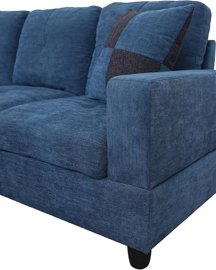 ROOMTEC 3 Piece L Shaped Sectional Sofa Set with Storage Ottoman, Left Facing Chaise Longue, Reversible Backrest w/ 2 Cup Holders, Flannel Tufted Cushions, for Living Room, Blue - LeafyLoom
