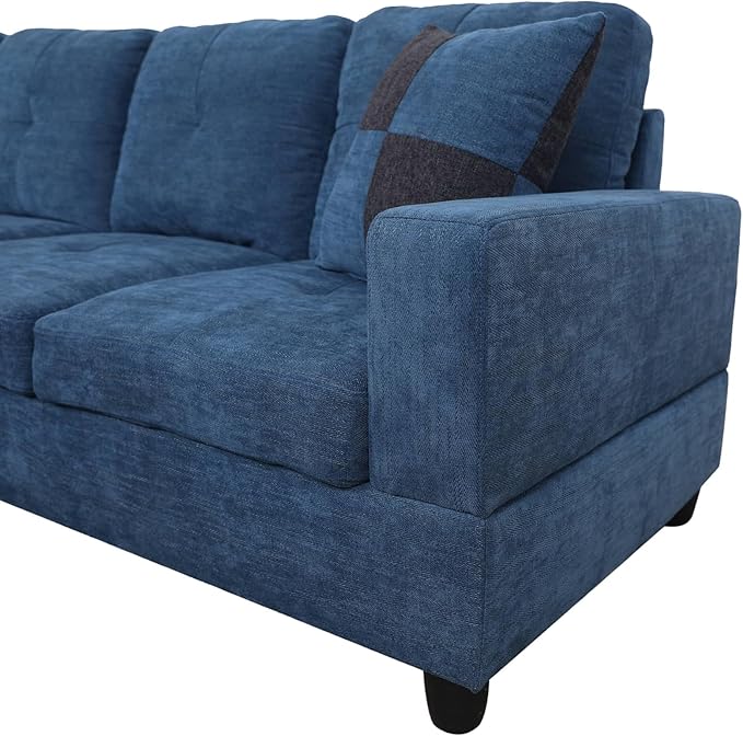 ROOMTEC 3 Piece L Shaped Sectional Sofa Set with Storage Ottoman, Left Facing Chaise Longue, Reversible Backrest w/ 2 Cup Holders, Flannel Tufted Cushions, for Living Room, Blue - LeafyLoom