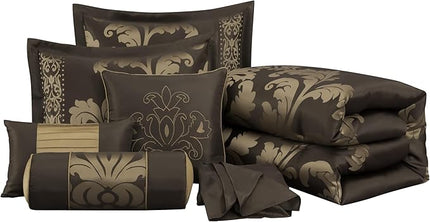 Chezmoi Collection 7-Piece Jacquard Floral Comforter Set (California King, Coffee/Gold) - LeafyLoom