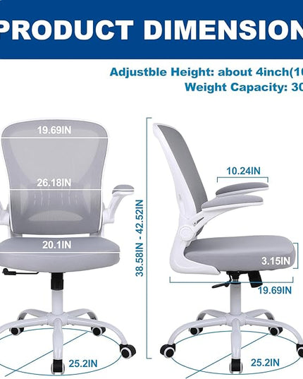 Mesh Office Chair, Ergonomic Computer Chair with Flip-up Arms and Lumbar Support, Height Adjustable Home Office Desk Chairs, Grey - LeafyLoom