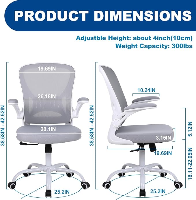 Mesh Office Chair, Ergonomic Computer Chair with Flip-up Arms and Lumbar Support, Height Adjustable Home Office Desk Chairs, Grey - LeafyLoom
