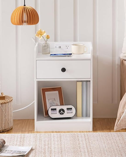 HOOBRO Nightstand with Charging Station, End Table with Drawer and Opening Shelf, Side Table with USB Ports and Outlets, Bedside Table for Bedroom, Small Night Stand Simple Style, White WT18UBZ01 - LeafyLoom