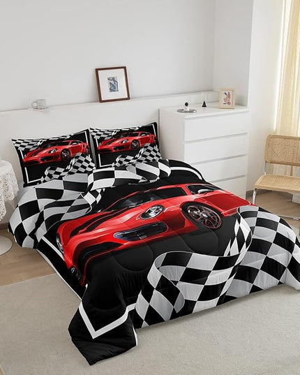 Red Race Car Comforter Set Twin Size, Black White Lattice Bedding Set 2pcs for Kids Boys Teens Room Decor,Extreme Sport Games Quilt Set,Cool Modern Duvet Insert with 1 Pillowcase - LeafyLoom