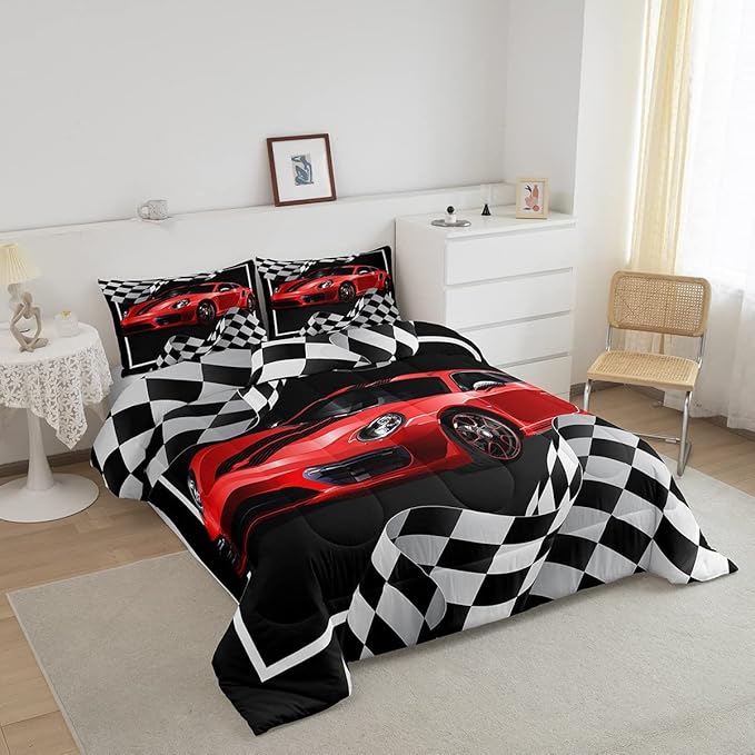 Boys Race Car Comforter Set Full Size,Black White Checkered Geometric Bedding Set 3pcs for Kids Teens Boys Men,Extreme Sport Games Race Flag Quilt Set,Cartoon Fashion Duvet Insert,2 Pillowcases - LeafyLoom