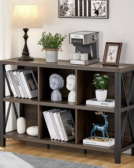FATORRI Rustic 6 Cube Storage Organizer with Shelf, Wood and Metal Cubby Bookcase, Industrial Horizontal Bookshelf (Walnut Brown, 47 Inch) - LeafyLoom