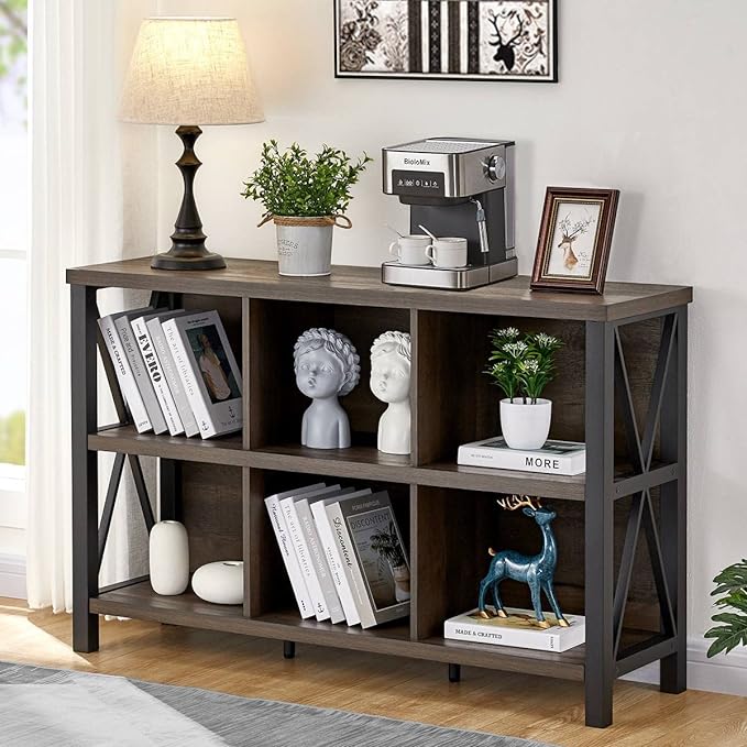 FATORRI Rustic 6 Cube Storage Organizer with Shelf, Wood and Metal Cubby Bookcase, Industrial Horizontal Bookshelf (Walnut Brown, 47 Inch) - LeafyLoom